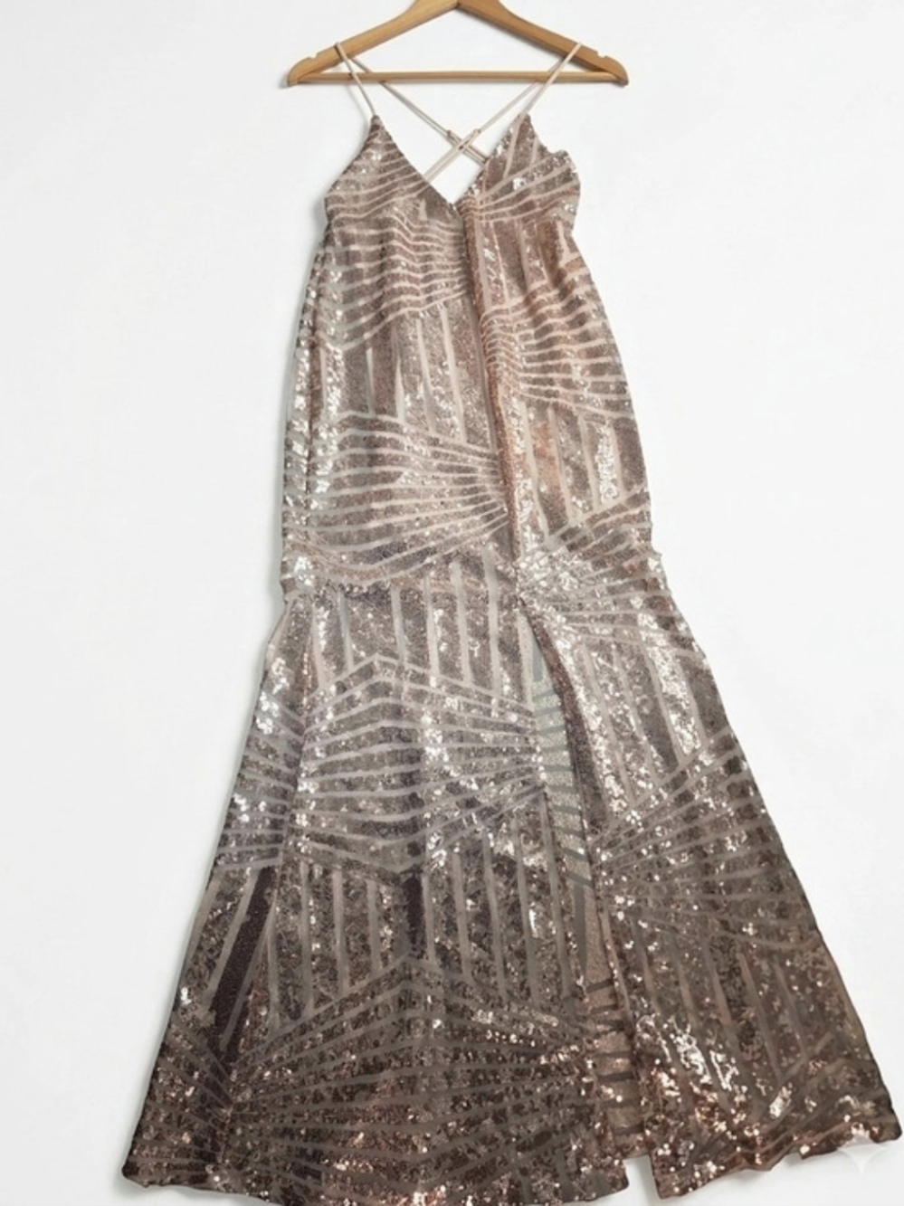 Rose Gold Sequin Prom Gown Geometric Art Deco Mermaid Maxi Dress Strappy Back